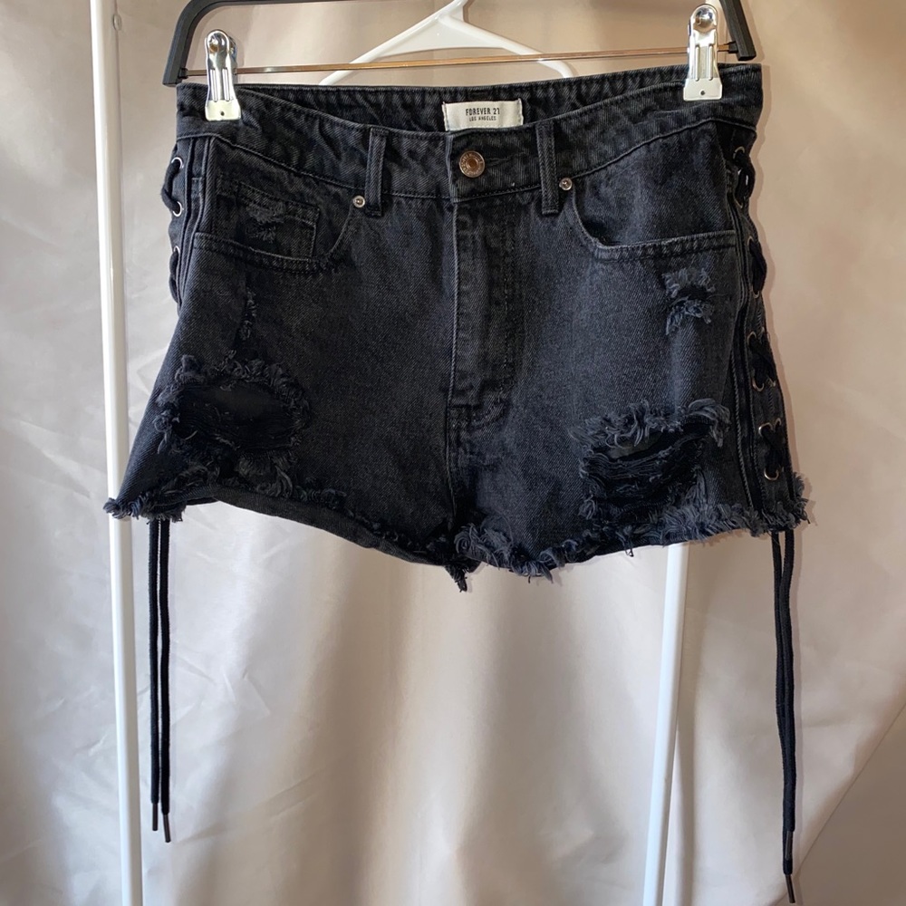 Black tie up denim shorts
